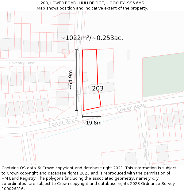 203, LOWER ROAD, HULLBRIDGE, HOCKLEY, SS5 6AS: Plot and title map