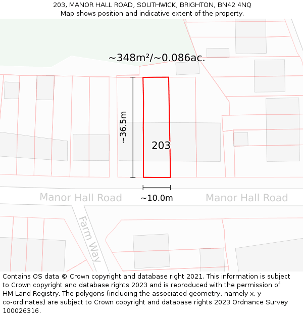 203, MANOR HALL ROAD, SOUTHWICK, BRIGHTON, BN42 4NQ: Plot and title map