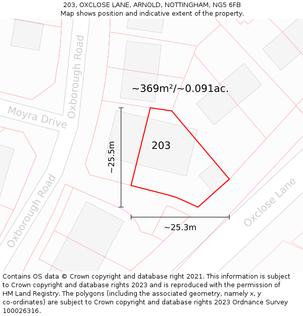 203, OXCLOSE LANE, ARNOLD, NOTTINGHAM, NG5 6FB: Plot and title map