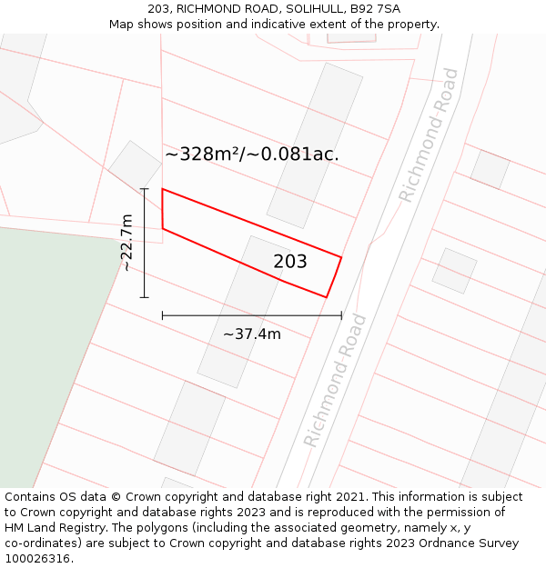 203, RICHMOND ROAD, SOLIHULL, B92 7SA: Plot and title map