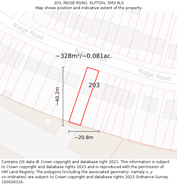 203, RIDGE ROAD, SUTTON, SM3 9LS: Plot and title map