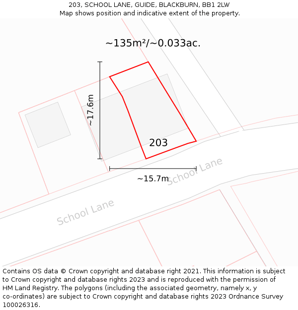 203, SCHOOL LANE, GUIDE, BLACKBURN, BB1 2LW: Plot and title map