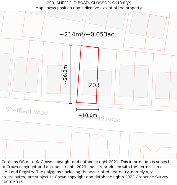 203, SHEFFIELD ROAD, GLOSSOP, SK13 8QX: Plot and title map