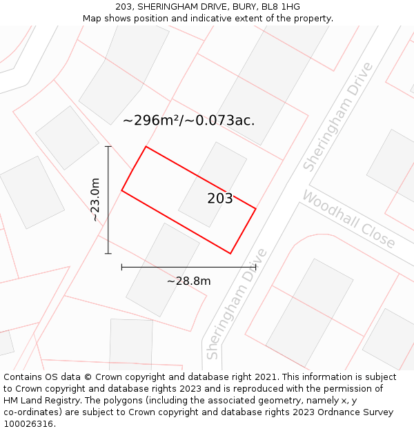 203, SHERINGHAM DRIVE, BURY, BL8 1HG: Plot and title map