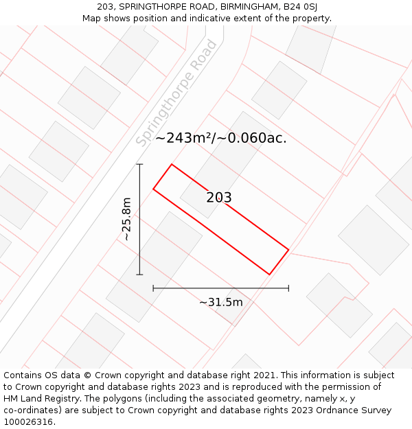203, SPRINGTHORPE ROAD, BIRMINGHAM, B24 0SJ: Plot and title map