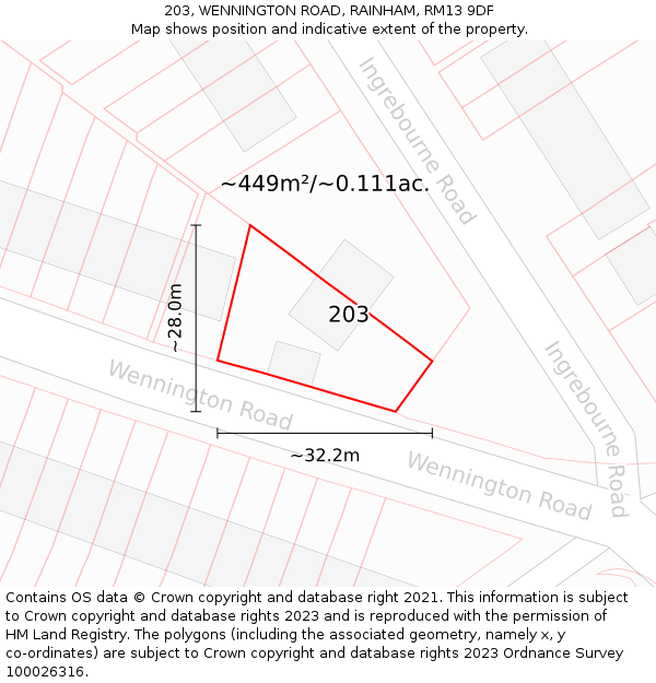 203, WENNINGTON ROAD, RAINHAM, RM13 9DF: Plot and title map