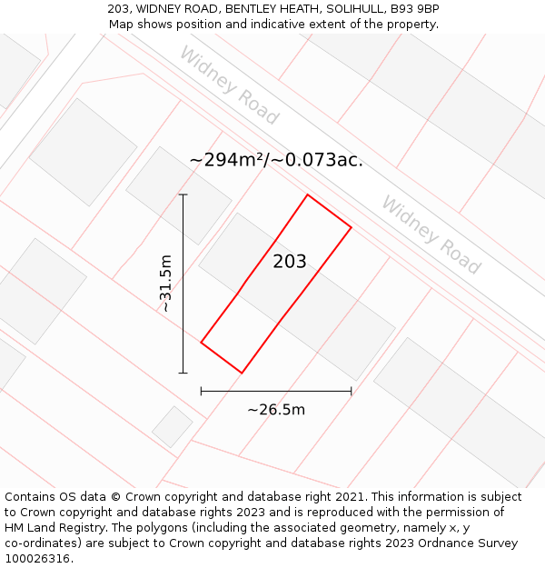 203, WIDNEY ROAD, BENTLEY HEATH, SOLIHULL, B93 9BP: Plot and title map