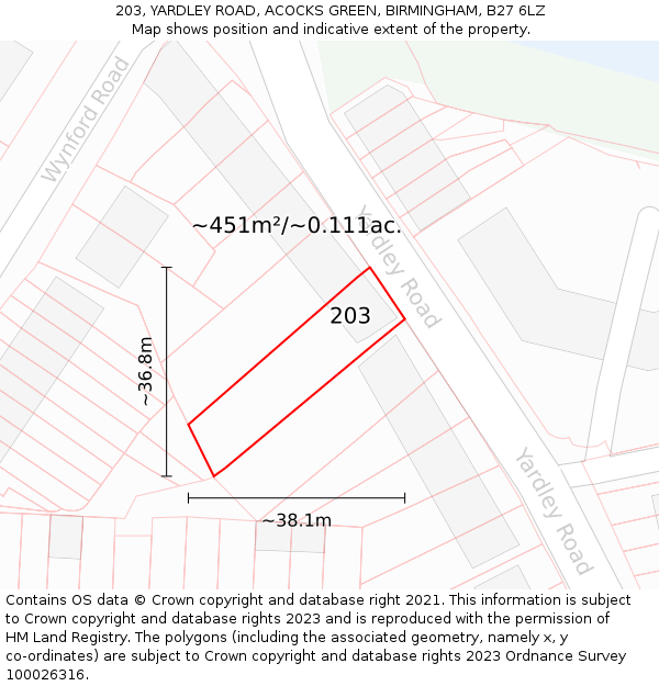 203, YARDLEY ROAD, ACOCKS GREEN, BIRMINGHAM, B27 6LZ: Plot and title map