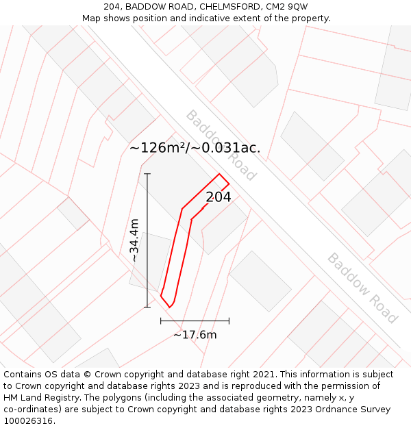 204, BADDOW ROAD, CHELMSFORD, CM2 9QW: Plot and title map