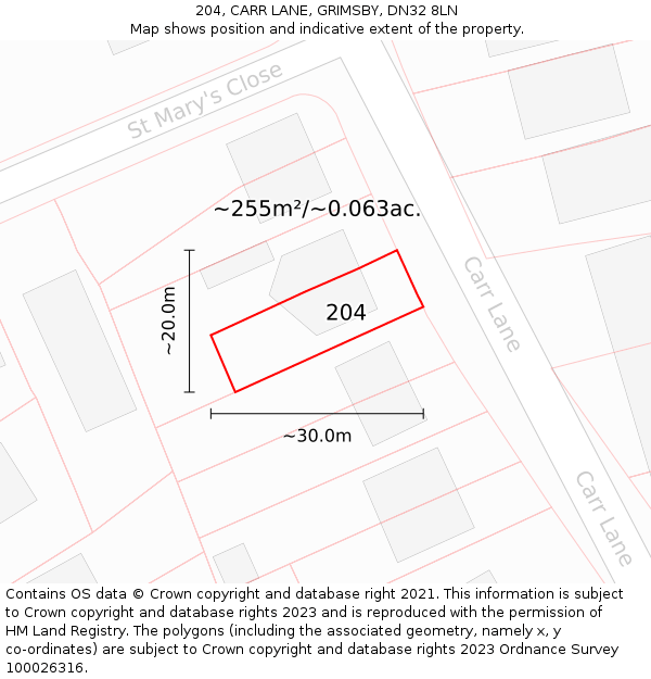 204, CARR LANE, GRIMSBY, DN32 8LN: Plot and title map