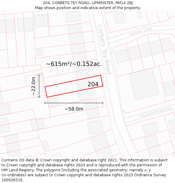 204, CORBETS TEY ROAD, UPMINSTER, RM14 2BJ: Plot and title map