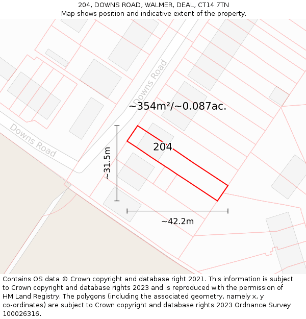 204, DOWNS ROAD, WALMER, DEAL, CT14 7TN: Plot and title map