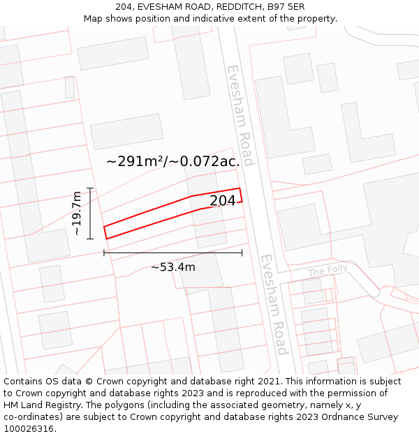 204, EVESHAM ROAD, REDDITCH, B97 5ER: Plot and title map