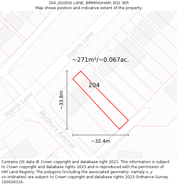 204, JIGGINS LANE, BIRMINGHAM, B32 3ER: Plot and title map