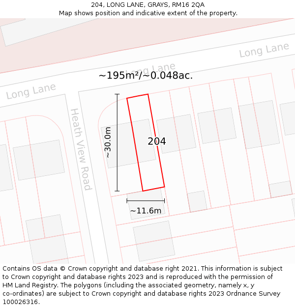204, LONG LANE, GRAYS, RM16 2QA: Plot and title map