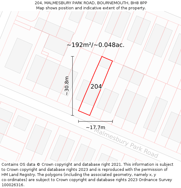 204, MALMESBURY PARK ROAD, BOURNEMOUTH, BH8 8PP: Plot and title map