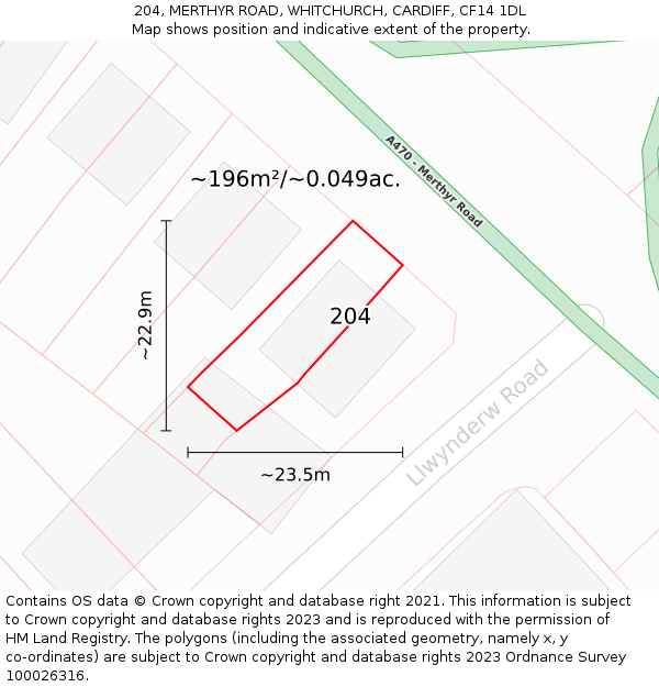 204, MERTHYR ROAD, WHITCHURCH, CARDIFF, CF14 1DL: Plot and title map