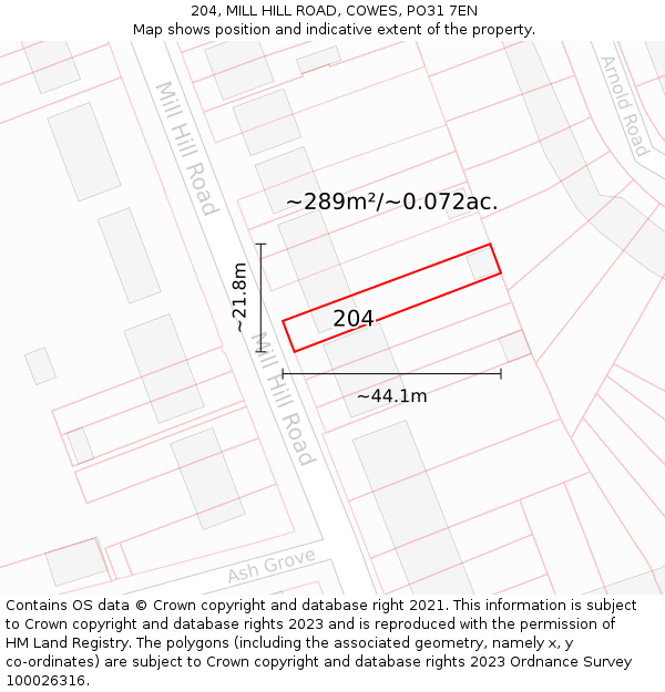 204, MILL HILL ROAD, COWES, PO31 7EN: Plot and title map