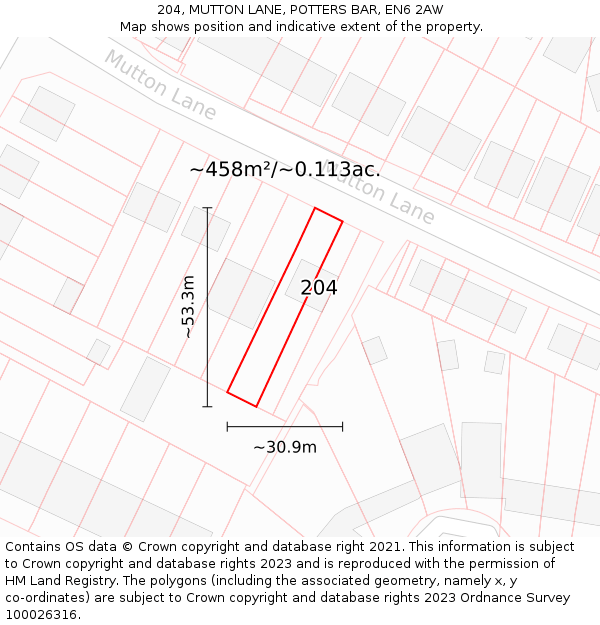 204, MUTTON LANE, POTTERS BAR, EN6 2AW: Plot and title map