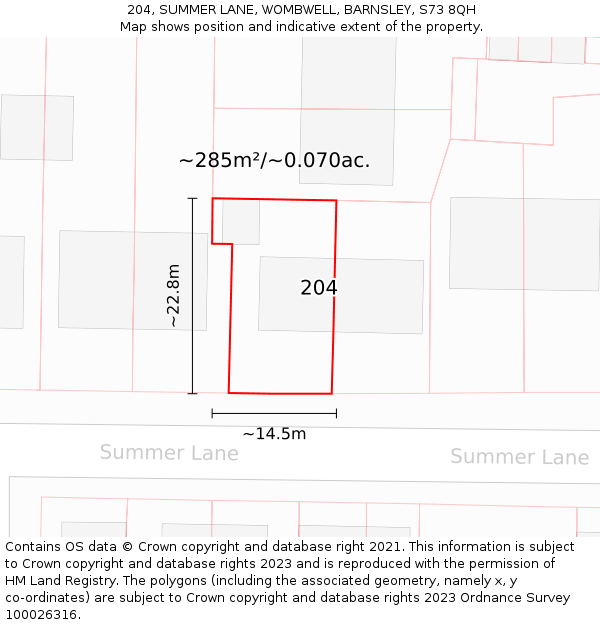 204, SUMMER LANE, WOMBWELL, BARNSLEY, S73 8QH: Plot and title map