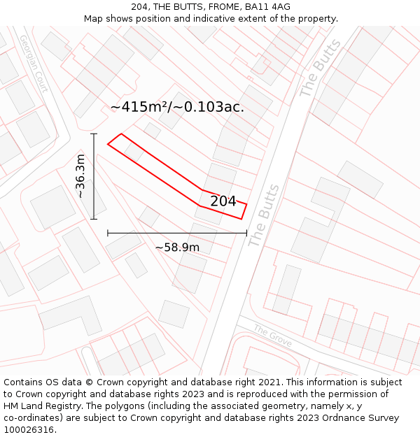 204, THE BUTTS, FROME, BA11 4AG: Plot and title map