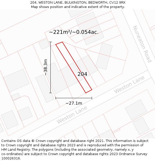 204, WESTON LANE, BULKINGTON, BEDWORTH, CV12 9RX: Plot and title map