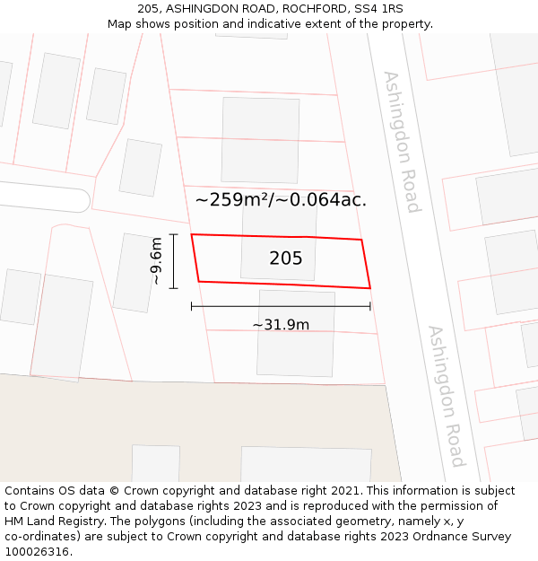 205, ASHINGDON ROAD, ROCHFORD, SS4 1RS: Plot and title map