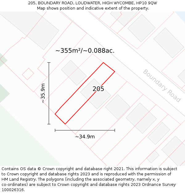 205, BOUNDARY ROAD, LOUDWATER, HIGH WYCOMBE, HP10 9QW: Plot and title map