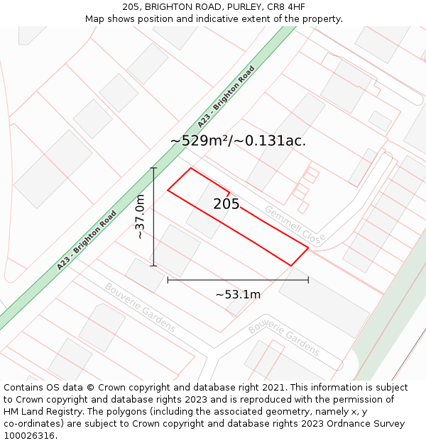 205, BRIGHTON ROAD, PURLEY, CR8 4HF: Plot and title map