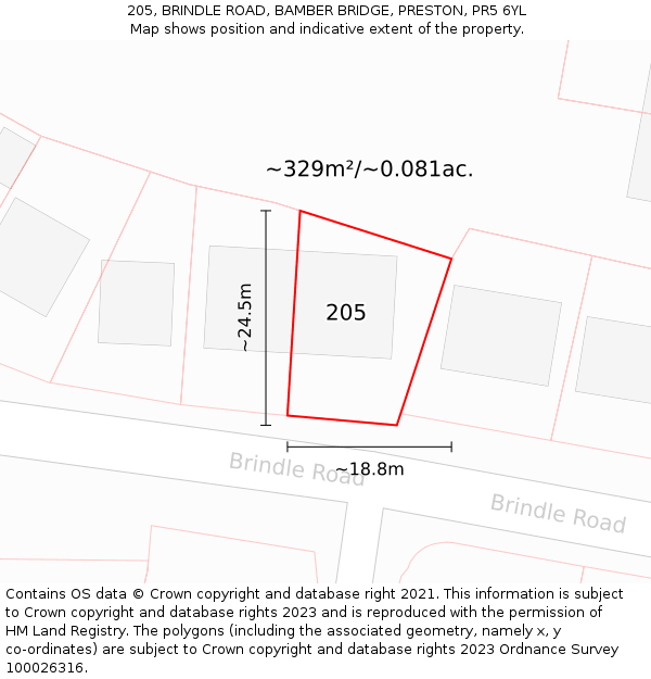 205, BRINDLE ROAD, BAMBER BRIDGE, PRESTON, PR5 6YL: Plot and title map