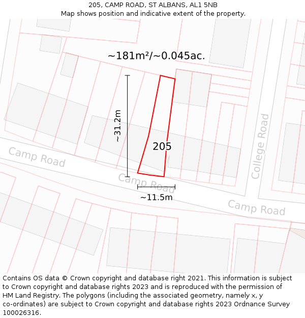 205, CAMP ROAD, ST ALBANS, AL1 5NB: Plot and title map