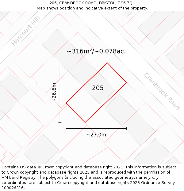 205, CRANBROOK ROAD, BRISTOL, BS6 7QU: Plot and title map
