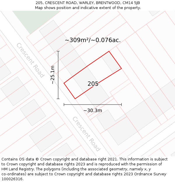 205, CRESCENT ROAD, WARLEY, BRENTWOOD, CM14 5JB: Plot and title map