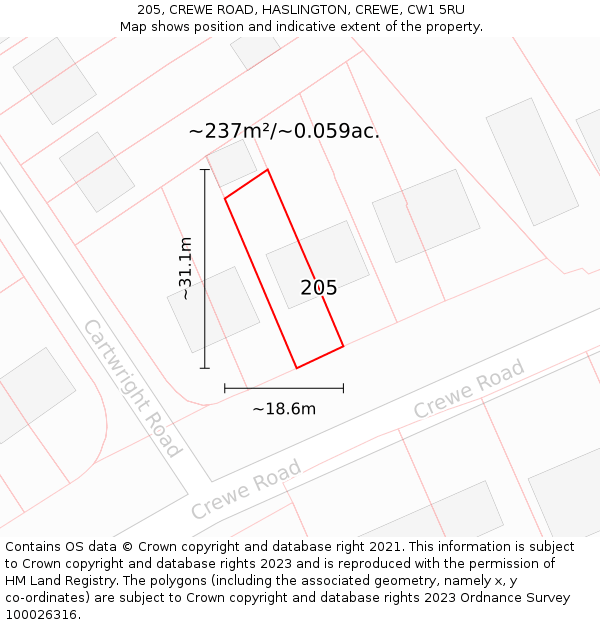 205, CREWE ROAD, HASLINGTON, CREWE, CW1 5RU: Plot and title map