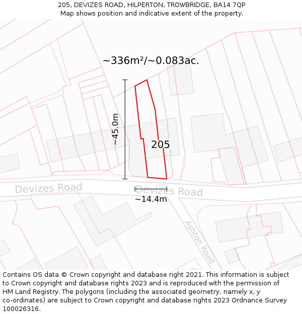 205, DEVIZES ROAD, HILPERTON, TROWBRIDGE, BA14 7QP: Plot and title map