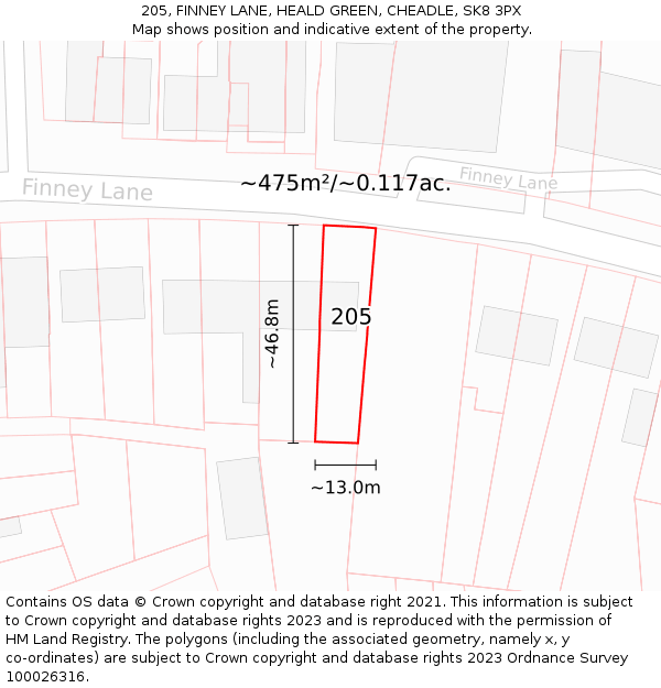 205, FINNEY LANE, HEALD GREEN, CHEADLE, SK8 3PX: Plot and title map