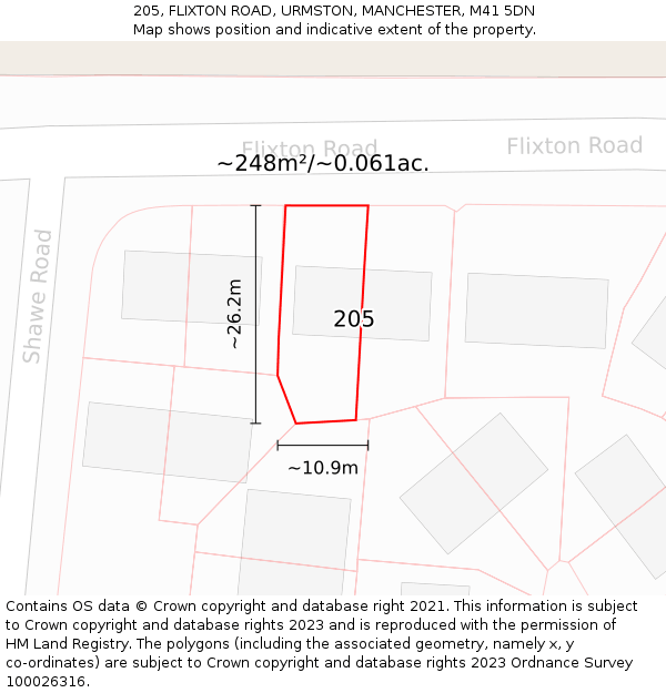 205, FLIXTON ROAD, URMSTON, MANCHESTER, M41 5DN: Plot and title map