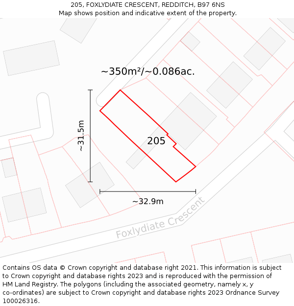 205, FOXLYDIATE CRESCENT, REDDITCH, B97 6NS: Plot and title map