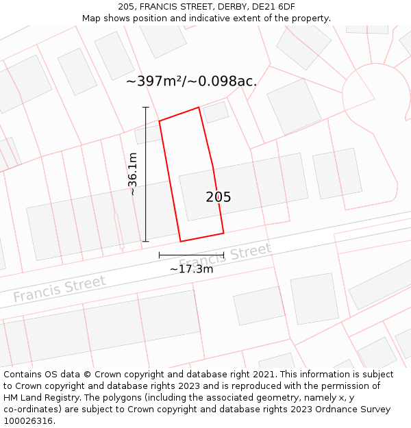 205, FRANCIS STREET, DERBY, DE21 6DF: Plot and title map