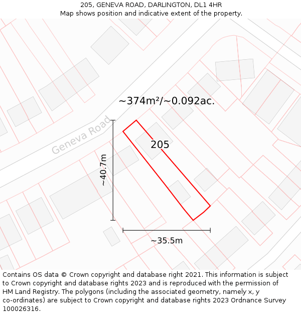 205, GENEVA ROAD, DARLINGTON, DL1 4HR: Plot and title map