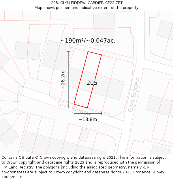 205, GLYN EIDDEW, CARDIFF, CF23 7BT: Plot and title map