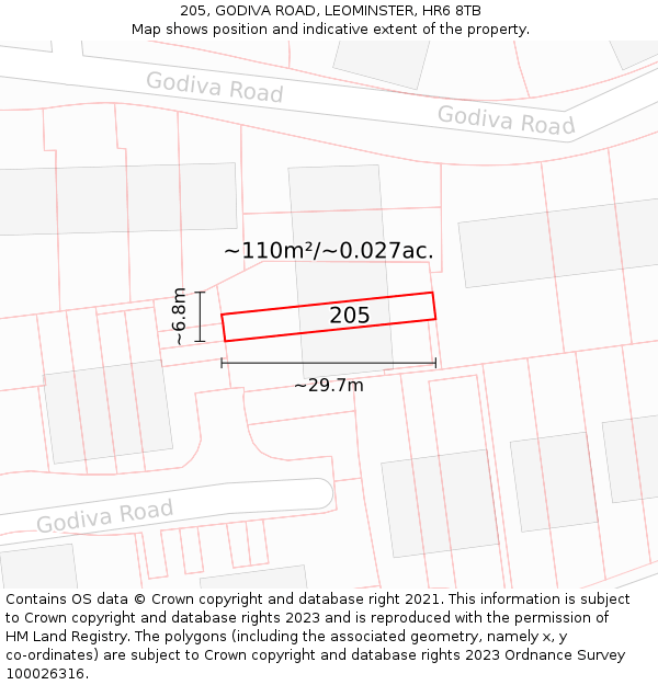 205, GODIVA ROAD, LEOMINSTER, HR6 8TB: Plot and title map