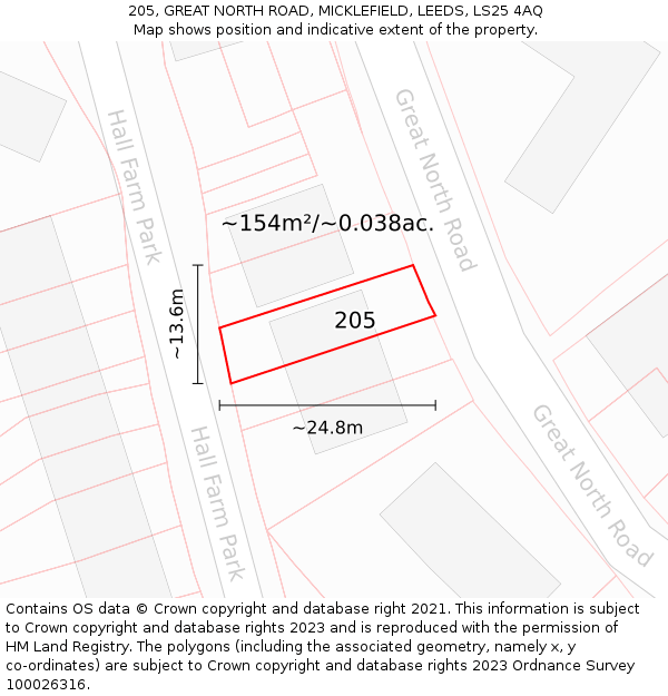 205, GREAT NORTH ROAD, MICKLEFIELD, LEEDS, LS25 4AQ: Plot and title map