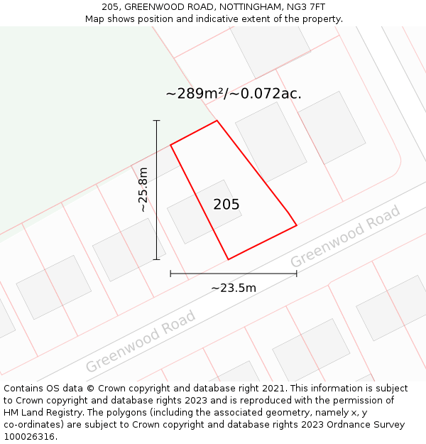 205, GREENWOOD ROAD, NOTTINGHAM, NG3 7FT: Plot and title map