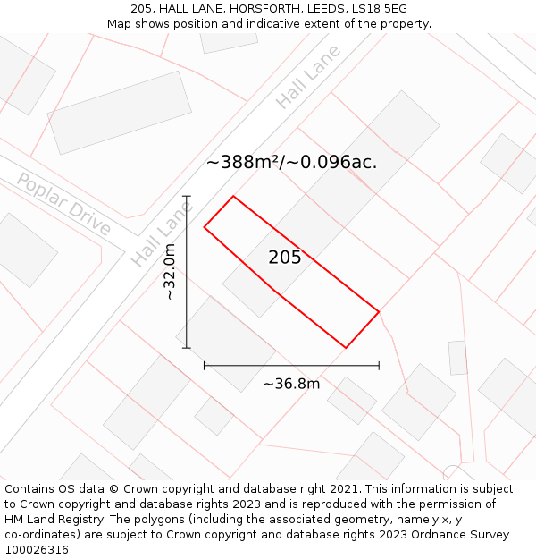 205, HALL LANE, HORSFORTH, LEEDS, LS18 5EG: Plot and title map