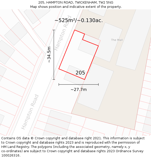 205, HAMPTON ROAD, TWICKENHAM, TW2 5NG: Plot and title map
