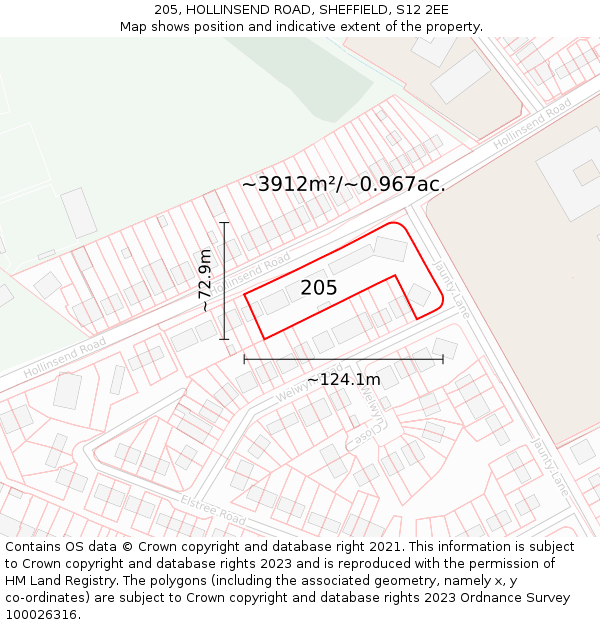 205, HOLLINSEND ROAD, SHEFFIELD, S12 2EE: Plot and title map