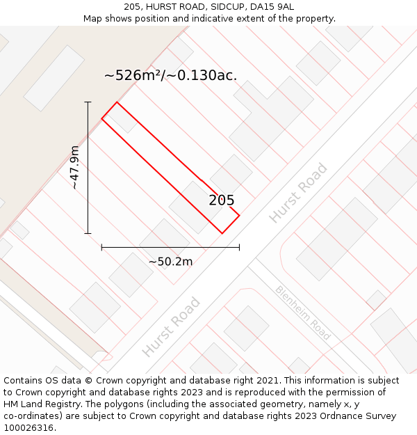 205, HURST ROAD, SIDCUP, DA15 9AL: Plot and title map
