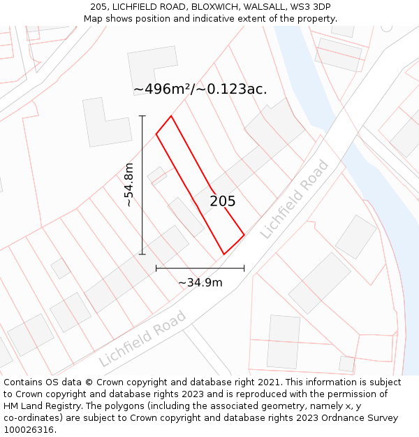 205, LICHFIELD ROAD, BLOXWICH, WALSALL, WS3 3DP: Plot and title map