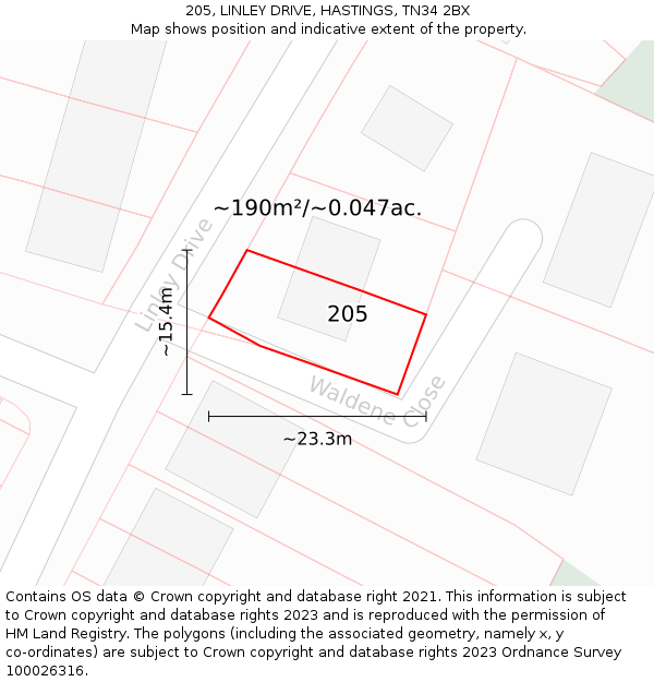 205, LINLEY DRIVE, HASTINGS, TN34 2BX: Plot and title map